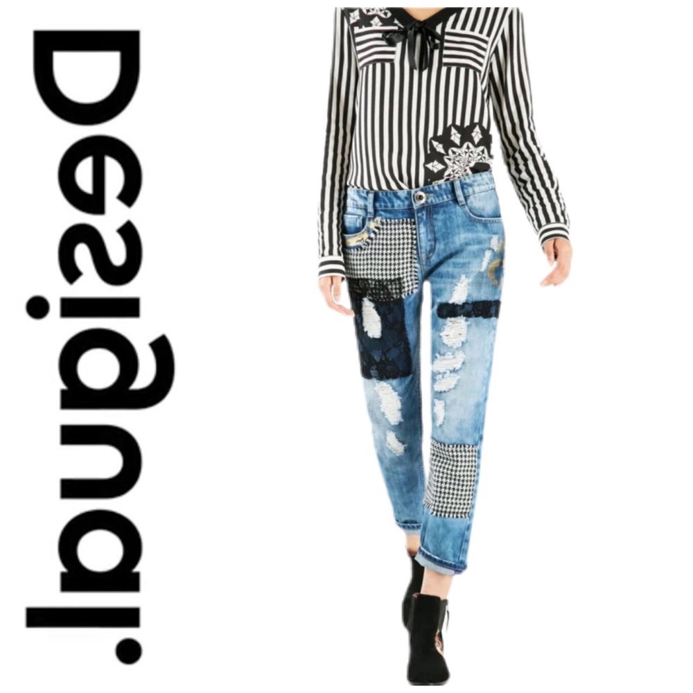 Desigual Mulato Patchwork Distressed Boyfriend Jeans Size 30.